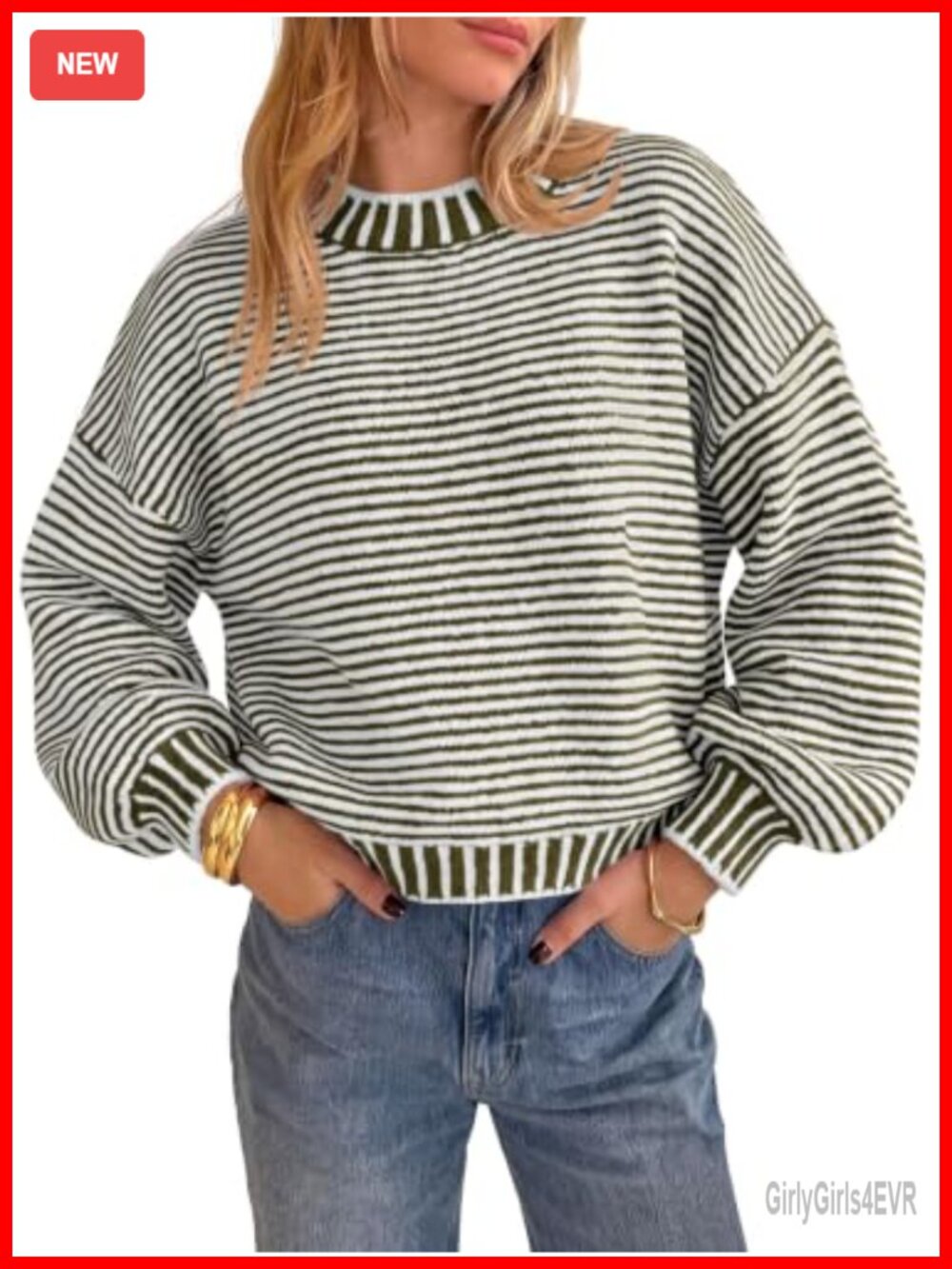 Striped Color Block Sweater Oversized Lantern Sleeve Crew Neck Pullover